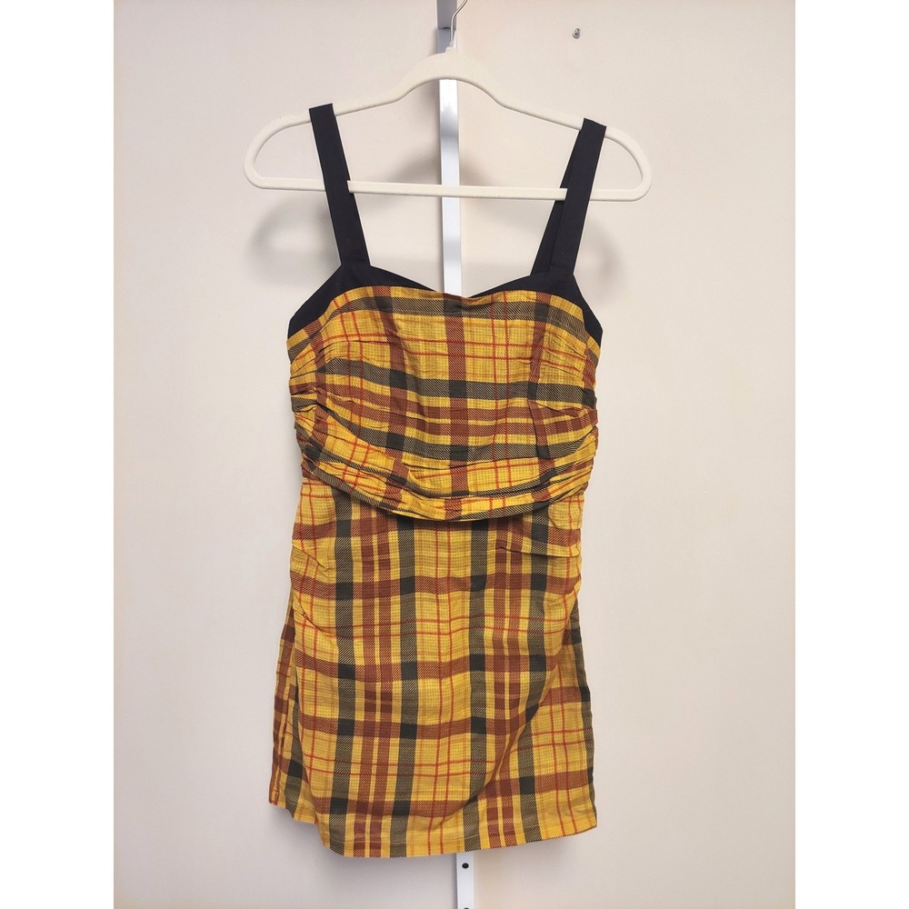 Anthropologie Let Me Be Yellow Plaid Ruched Mini Dress XS NWT Grunge Academia